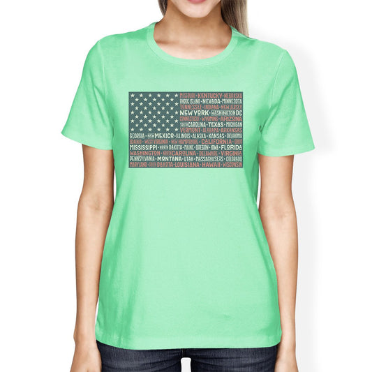 50 States American Flag Shirt Womens Mint Cotton Graphic Tee Shirt