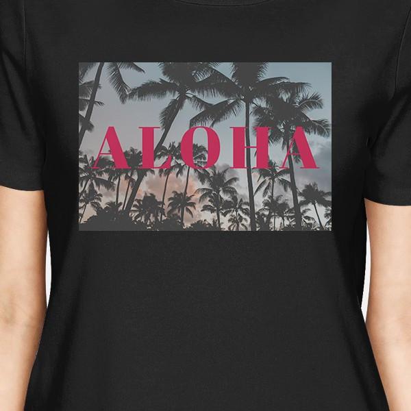 Aloha Hawaii Palm Tree Sunset Womens Black Cool Cotton Tee Shirt